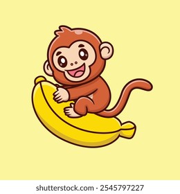 Ilustração de ícone de vetor de banana de abraço de macaco de desenhos animados bonito. Animal Food Icon Conceito Isolado Premium Vetor. Animals Cartoon Style