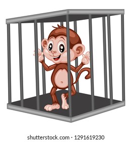 Cute Cartoon Monkey Inside Steel Cage. Animals in the Cage. Funny Monkey Isolated on White Background