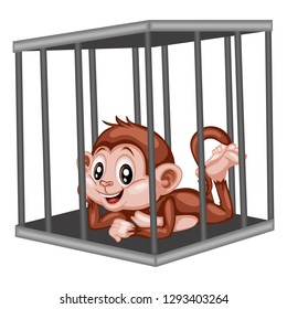 Cute Cartoon Monkey Inside Steel Cage. Animals in the Cage. Funny Monkey Isolated on White Background