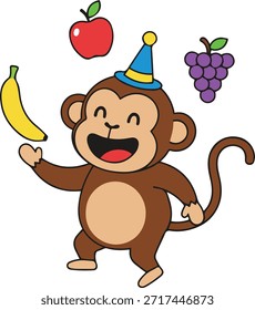 Mono de dibujos animados lindo haciendo malabares con Ilustración vectorial de frutas. Un personaje de primate marrón feliz con un sombrero azul de fiesta, lanzando juguetonamente un plátano, una manzana y uvas en el aire.
