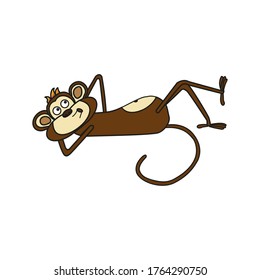 A cute cartoon monkey lies on its back, looks up and whistles a melody. Isolated on a white background.