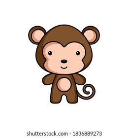 Cute cartoon monkey logo template on white background. Mascot animal character design of album, scrapbook, greeting card, invitation, flyer, sticker, card. Vector stock illustration.