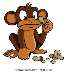 Cute cartoon monkey looking bewildered at some peanuts.