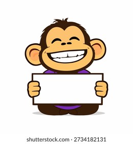 Cute cartoon monkey mascot holding blank sign board for custom message or text. Ideal for advertising, promotion banner, marketing campaign, announcement template, social media post, and business presentation. Flat vector style, isolated.