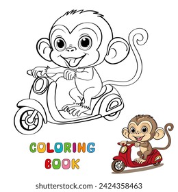 Cute cartoon monkey on a scooter. Drawing for coloring. Vector contour illustration isolated on a white background. A page of a coloring book with a color sample.