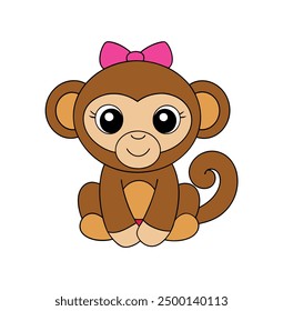 Cute Cartoon Monkey with pink bow vector icon