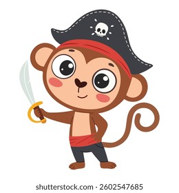 Cute cartoon monkey in pirate costume with sword. Vector illustration. Cartoon illustration in children's style.