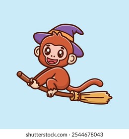 Cute Cartoon Monkey Playing Helowen's Magic Flying Broom Vector Illustration Icon, Animals Holidays Premium Vector, Holidays Cartoon Style