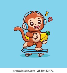 Cute Cartoon Monkey Playing Skateboard With Bananas Listening to the Song Melody Henset Vector Icon Illustration. Animal Sport Icon Concept Isolated Premium Vector. Animals Cartoon Style