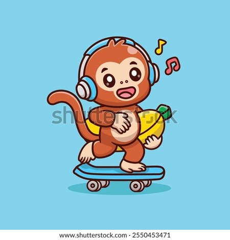 Cute Cartoon Monkey Playing Skateboard With Bananas Listening to the Song Melody Henset Vector Icon Illustration. Animal Sport Icon Concept Isolated Premium Vector. Animals Cartoon Style