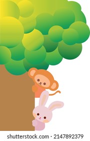 Cute cartoon Monkey and Rabbit hiding behind the tree. Playing hide and seek. Cartoon animal character. Illustration, Vector, EPS10