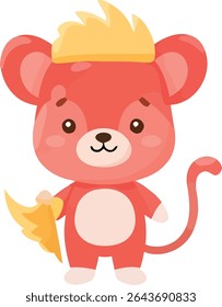 A cute cartoon monkey with a red body, a golden crown, and holding a banana. It has a white belly and a long tail.