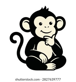 A cute cartoon monkey sitting cross-legged with a thoughtful expression