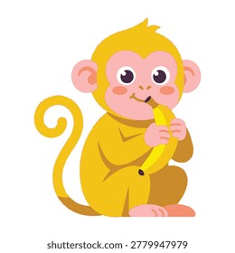 Cute cartoon monkey sitting and eating a banana, looking happy and playful with big eyes.