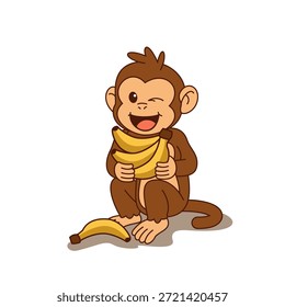 Mono de dibujos animados lindo sentado feliz mientras sostiene un manojo de plátanos, con un plátano pelado en el suelo. Perfecto para libros infantiles, diseños juguetones e ilustraciones alegres. Arte vectorial de alta calidad