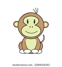 Cute cartoon monkey sitting with a happy expression. The vector illustration features a round face, large eyes, and a small curled tail.