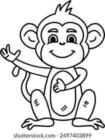 A cute cartoon monkey is sitting on the ground and waving. The monkey has a big smile on its face, and it looks happy and friendly