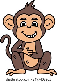 A cute cartoon monkey is sitting on the ground and waving. The monkey has a big smile on its face, and it looks happy and friendly