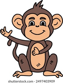 A cute cartoon monkey is sitting on the ground and waving. The monkey has a big smile on its face, and it looks happy and friendly