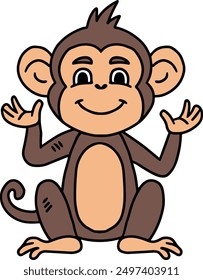 A cute cartoon monkey is sitting on the ground and waving. The monkey has a big smile on its face, and it looks happy and friendly