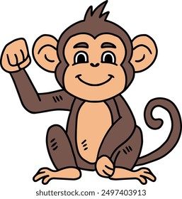 A cute cartoon monkey is sitting on the ground and waving. The monkey has a big smile on its face, and it looks happy and friendly