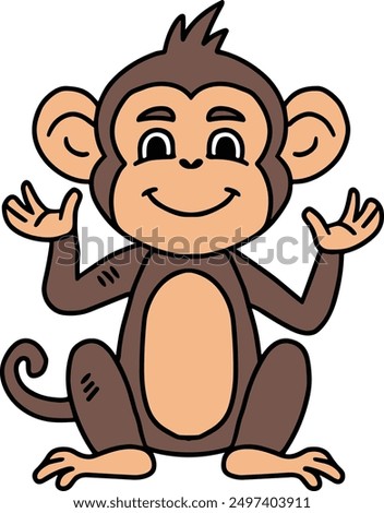 A cute cartoon monkey is sitting on the ground and waving. The monkey has a big smile on its face, and it looks happy and friendly