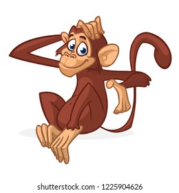 Cute cartoon monkey sitting. Vector illustration of chimpanzee scratching his head.