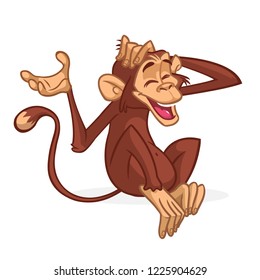 Cute cartoon monkey sitting. Vector illustration of chimpanzee scratching his head and laughing. Children book illustration or sticker