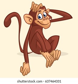 Cute cartoon monkey sitting. Vector illustration of chimpanzee stretching his head. Children book illustration or sticker