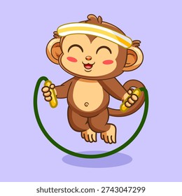 Cute Cartoon Monkey Skipping Rope with Headband Vector Illustration Kawaii Design