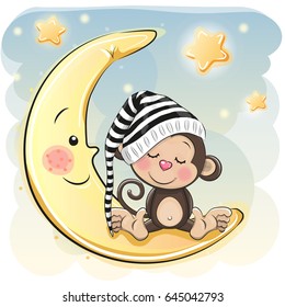 Cute Cartoon Monkey is sleeping on the moon