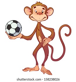 Cute cartoon monkey with a soccer ball. Vector illustration on white background.