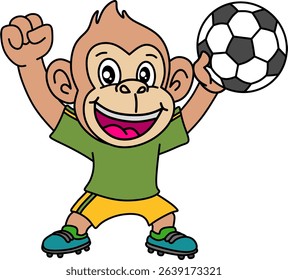 Cute cartoon monkey in soccer gear, holding a ball with a big smile and thumbs up. Perfect for kids' sports, mascots, and fun animal themes
