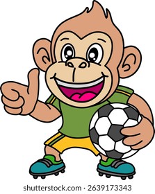 Cute cartoon monkey in soccer gear, holding a ball with a big smile and thumbs up. Perfect for kids' sports, mascots, and fun animal themes