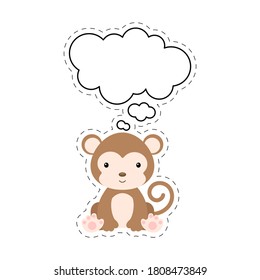 Cute cartoon monkey with speech bubble sticker. Kawaii character on white background. Cartoon sitting animal postcard clipart for birthday, baby shower, party event. Vector stock illustration.