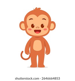 Cute Cartoon Monkey Standing and Smiling with Friendly Expression on White Background