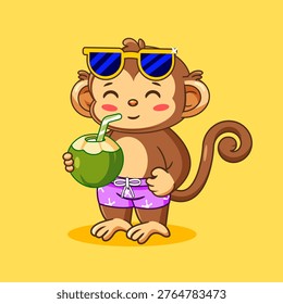 Cute cartoon monkey in sunglasses drinking coconut water Vector Illustration Kawaii Animal
