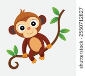 Cute Cartoon Monkey Swinging from Branch Adorable Vector Icon.