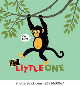 Cute cartoon monkey swinging from leafy jungle tree with playful text and green background in fun children animal illustration. Jungle wildlife concept
