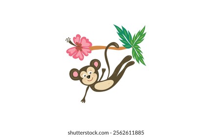 Cute cartoon monkey swinging from a tropical branch adorned with green leaves and a pink hibiscus flower, perfect for kids' designs.