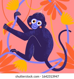Cute cartoon Monkey in tropical jungle. Wild rainforest animal vector poster.  Hand drawn colorful design. Vector illustration