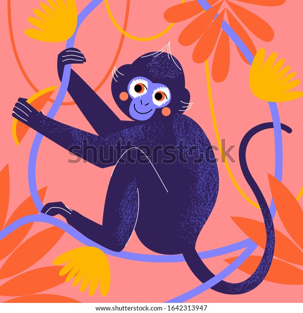 Cute cartoon Monkey in tropical jungle. Wild\
rainforest animal vector poster.  Hand drawn colorful design.\
Vector illustration