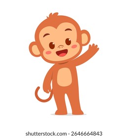 Cute Cartoon Monkey Waving Hand with Smiling Expression on White Background Illustration