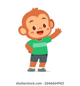 Cute Cartoon Monkey Waving Hand with Happy Expression Wearing Green T Shirt and Shorts