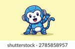 A cute cartoon monkey wearing a blue robotic suit waving its hand in a friendly gesture on a soft yellow background.