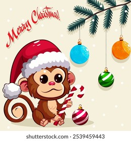 A cute cartoon monkey wearing a Santa hat holds a candy cane, surrounded by Christmas ornaments hanging from a tree branch. Snowflakes add a festive touch, and “Merry Christmas” is written above