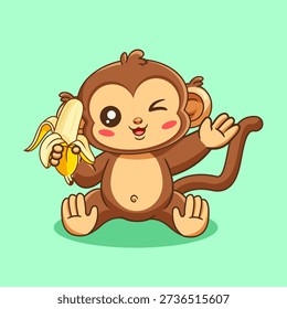 Cute Cartoon Monkey Winking and Eating a Banana Vector Illustration Kawaii Design