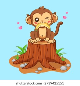 Cute Cartoon Monkey Winking and Eating Banana on Tree Stump Vector Illustration Kawaii Design