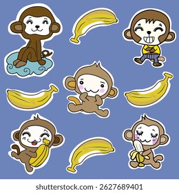 Cute cartoon monkeys with bananas, colorful design.