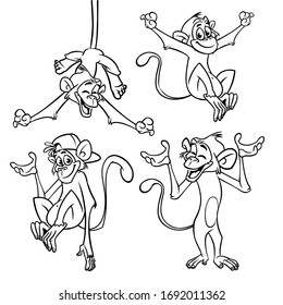 Cute cartoon monkeys chimpanzee set. Vector illustration of a monkey outlines. Design for coloring book.